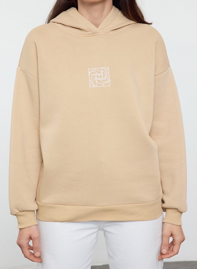 trendyol Beige Oversize/Wide Pattern Embroidered Thick Polar Fleece Knitted Sweatshirt - Image 3