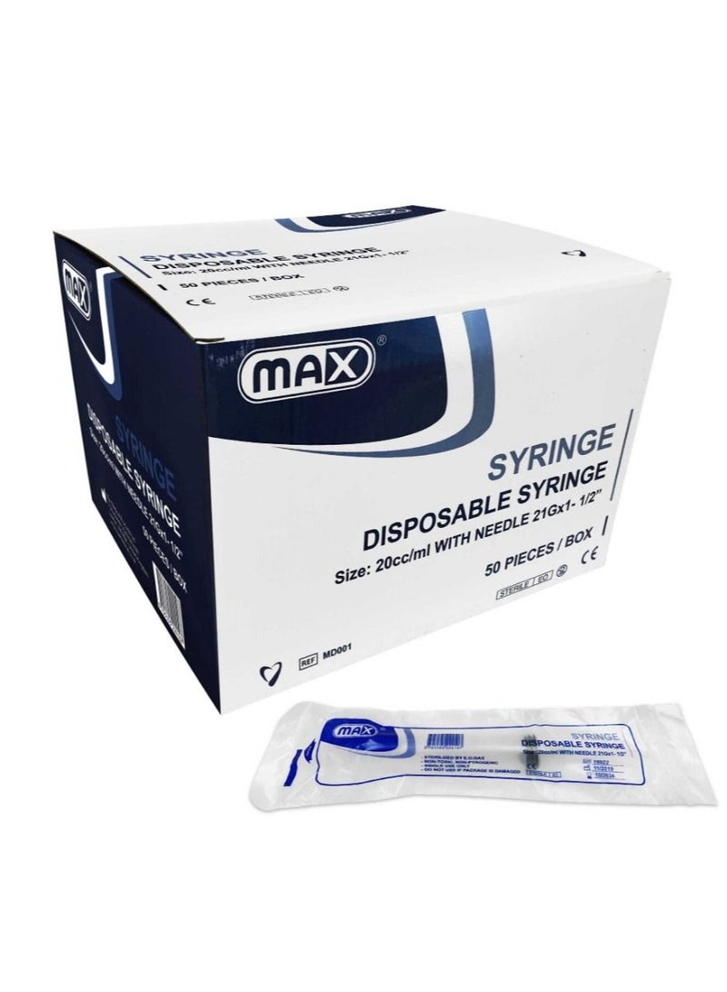 ماكس سرنجات 20 مل، 21 جرام، ابرة 11/5 بوصة، 50 قطعة / صندوق