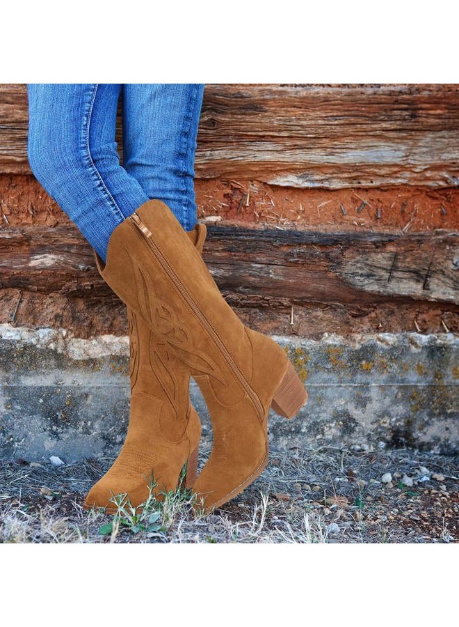 SHIBEVER Cowboy Boots for Women 2025: Mid Calf Cowgirl Boots Western Embroidered Country High Heel Pointed Toe Booties, 1828-camel, 6.5 - Image 3
