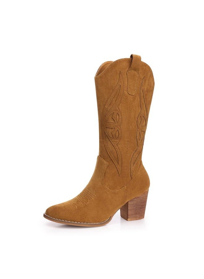 SHIBEVER Cowboy Boots for Women 2025: Mid Calf Cowgirl Boots Western Embroidered Country High Heel Pointed Toe Booties, 1828-camel, 6.5 - Image 1