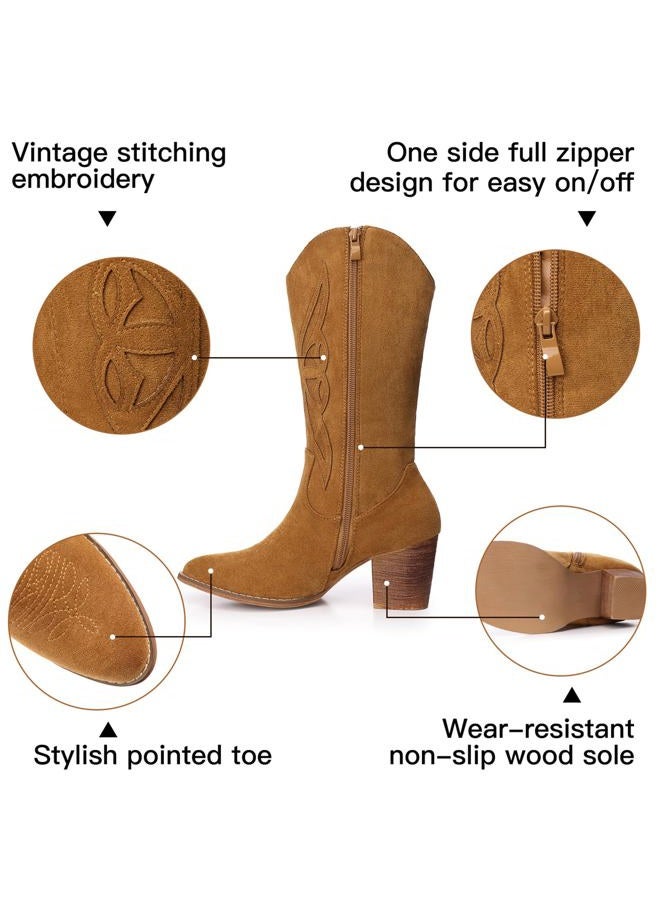 SHIBEVER Cowboy Boots for Women 2025: Mid Calf Cowgirl Boots Western Embroidered Country High Heel Pointed Toe Booties, 1828-camel, 6.5 - Image 4