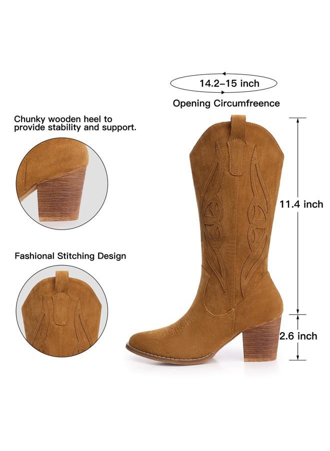 SHIBEVER Cowboy Boots for Women 2025: Mid Calf Cowgirl Boots Western Embroidered Country High Heel Pointed Toe Booties, 1828-camel, 6.5 - Image 5