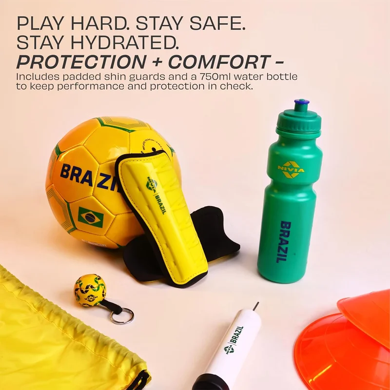 نيفيا Nivia Brazil Football Set - Complete 7-in-1 Kit with PVC Football, Shin Guards, Pump, Carry Bag, Water Bottle, Cones, and Key Ring