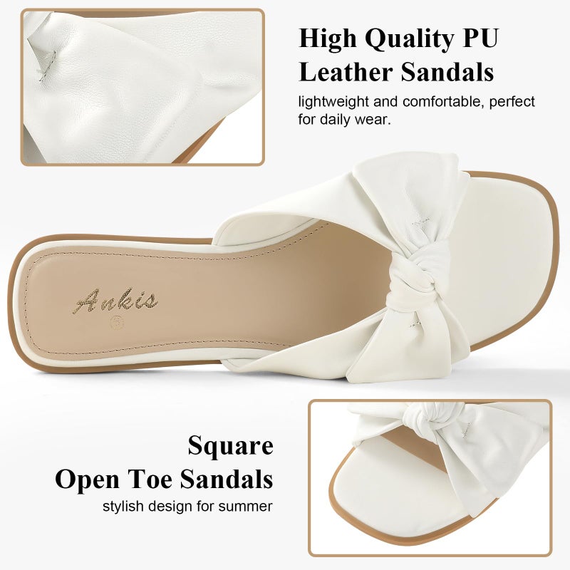Ankis White Sandals Womens Bow Flat Sandals Dressy - Cute Summer Beach Sandals for Women 2026, Square Open Toe Comfortable Slip On Slide Sandals Bride Wedding Bridal Dress Shoes Slippers - Image 5