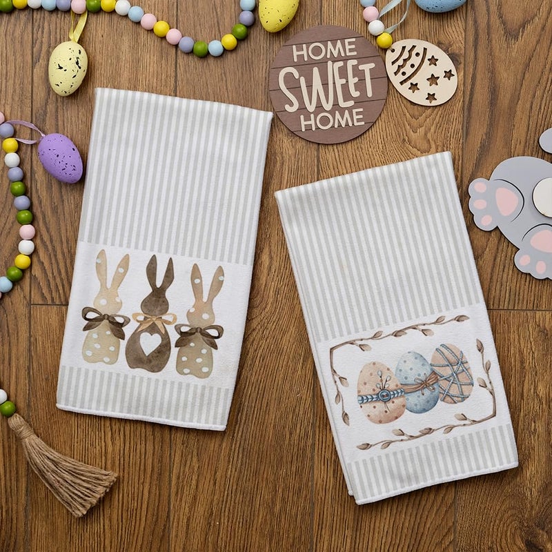 ARKENY Easter Kitchen Towels Beige Bunny Dish Cloths 18x26 Inch Ultra Absorbent Bar Drying Cloth Eggs Hand Towel for Kitchen Bathroom Party Easter Decorations Set of 2 - Image 3