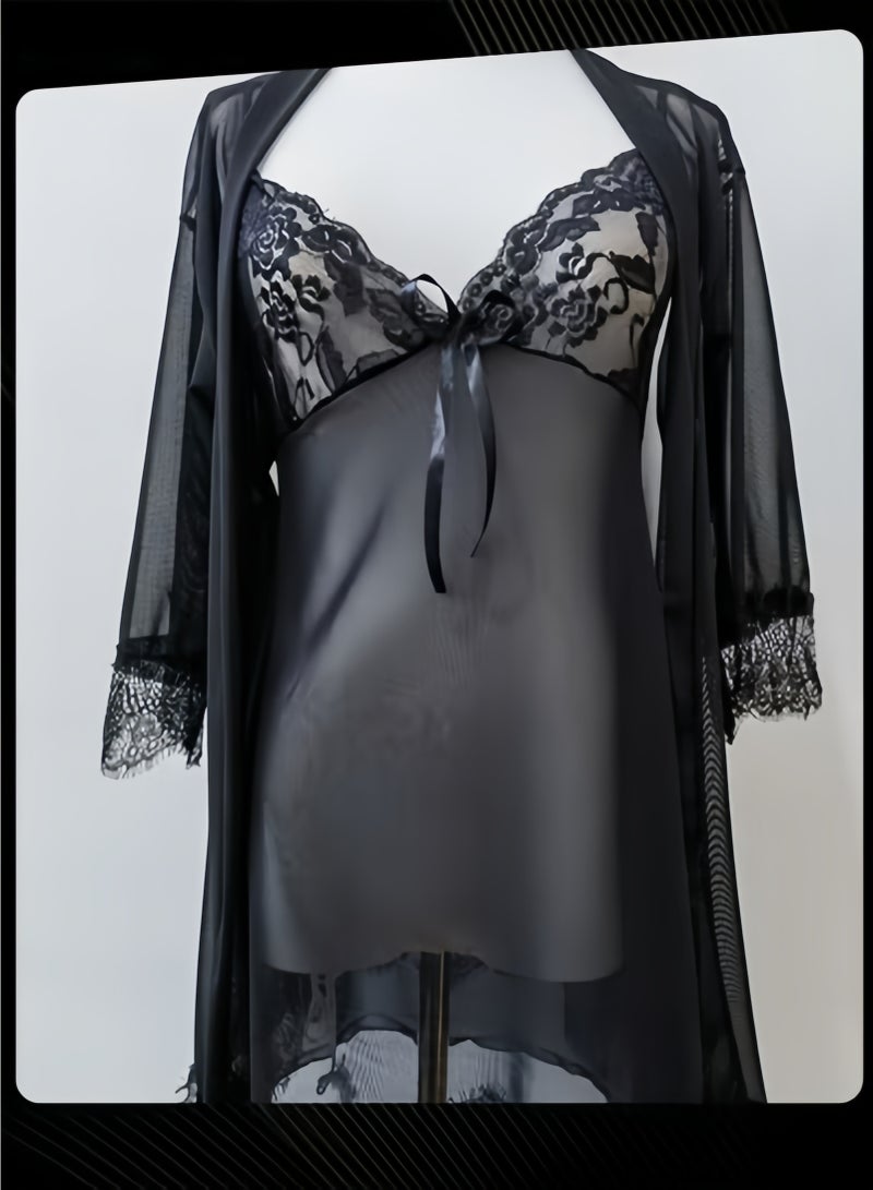 Women ComfortableLace Trim Nightdress Breathable Sleepwear Black - Image 1