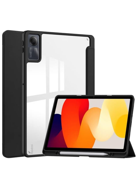 حافظة لهاتف Redmi Pad SE مقاس 11 بوصة غطاء خلفي شفاف مقاوم للصدمات وحامل قلم رصاص مدمج للنوم/الاستيقاظ التلقائي (أسود)