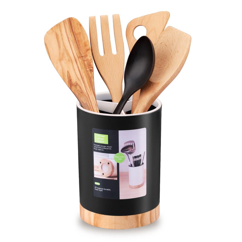 Tiosamd Kitchen Utensil Holder Tableware Storage Bucket, Spoon Chopsticks Fork Drain Rack Utensil Crock for Counter, Household 3-Format Tableware Drainer with Removable Divider and Wooden Base - Image 1