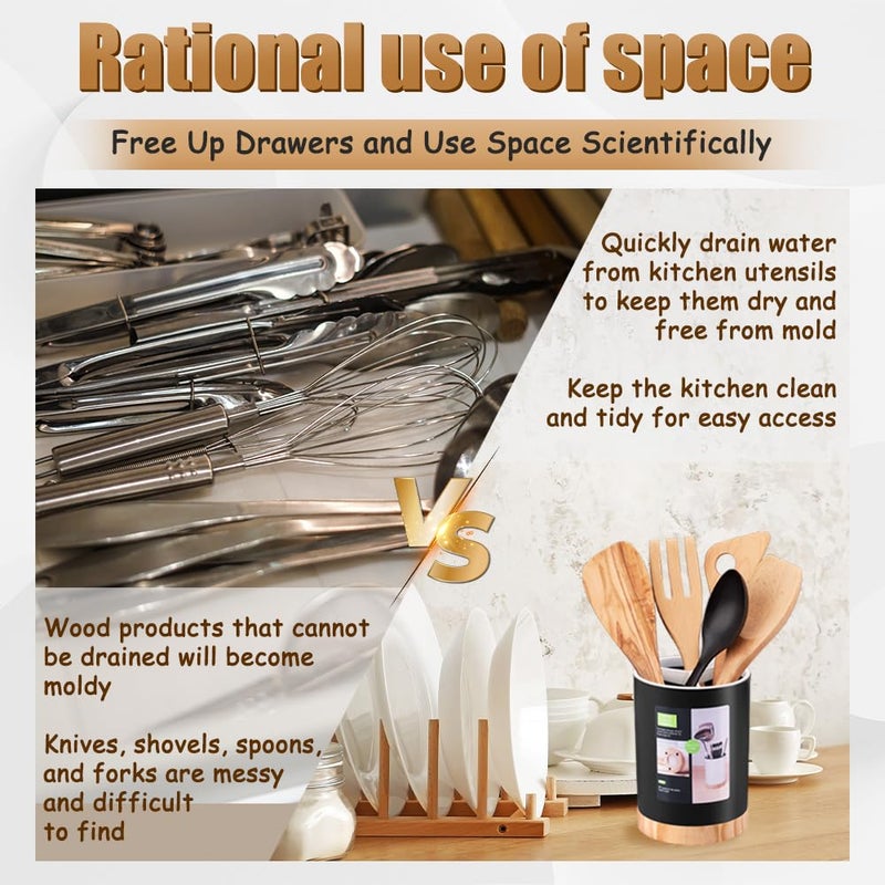 Tiosamd Kitchen Utensil Holder Tableware Storage Bucket, Spoon Chopsticks Fork Drain Rack Utensil Crock for Counter, Household 3-Format Tableware Drainer with Removable Divider and Wooden Base - Image 5