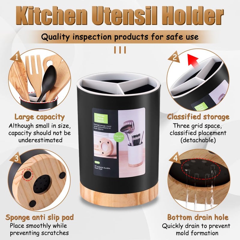 Tiosamd Kitchen Utensil Holder Tableware Storage Bucket, Spoon Chopsticks Fork Drain Rack Utensil Crock for Counter, Household 3-Format Tableware Drainer with Removable Divider and Wooden Base - Image 3