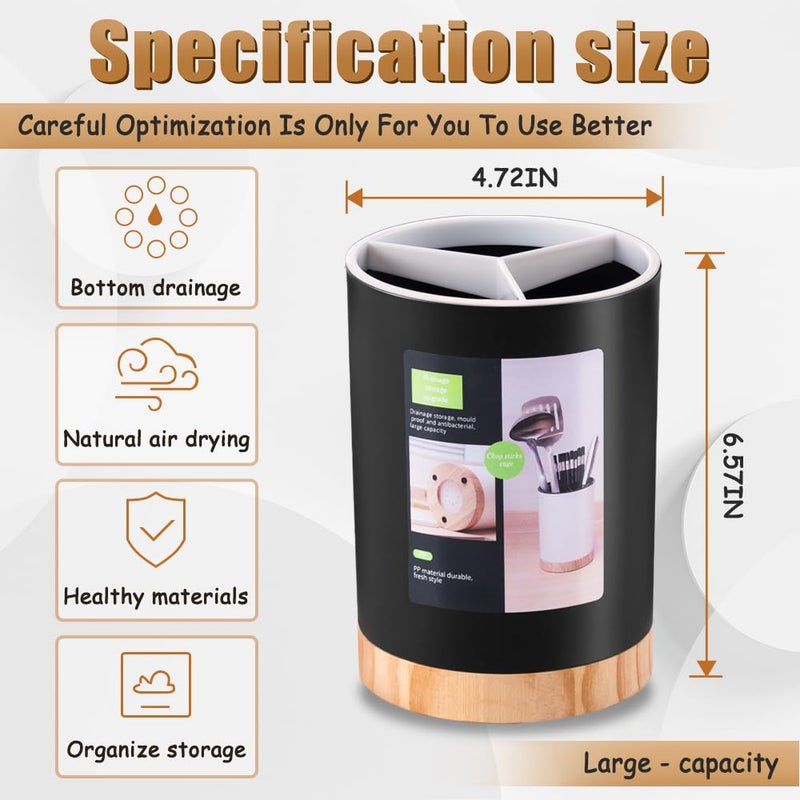 Tiosamd Kitchen Utensil Holder Tableware Storage Bucket, Spoon Chopsticks Fork Drain Rack Utensil Crock for Counter, Household 3-Format Tableware Drainer with Removable Divider and Wooden Base - Image 2