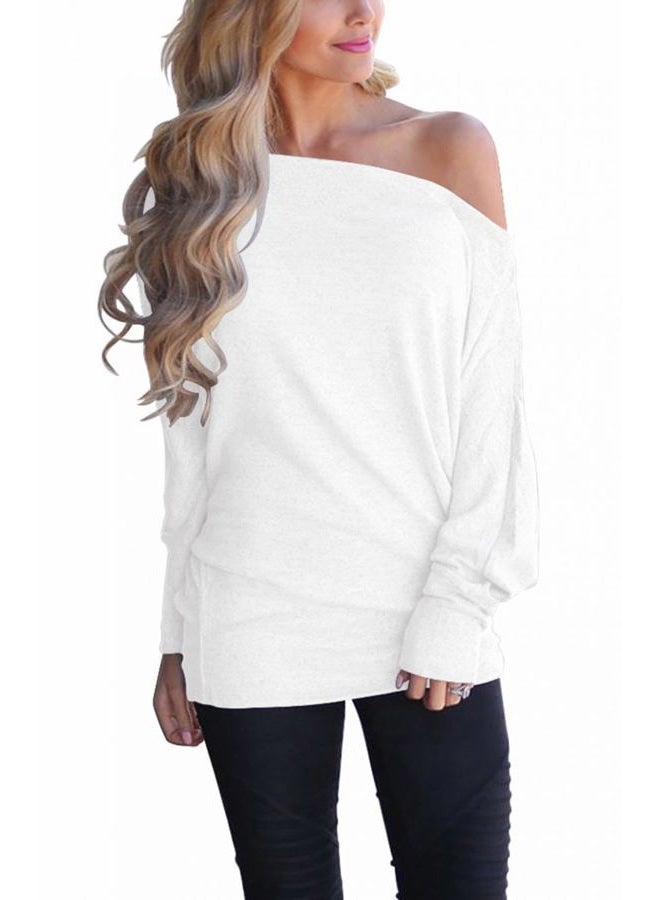 Lacozy Women's Off Shoulder Long Sleeve Oversized Pullover Sweater Knit Jumper Loose Tunic Tops, White, L - Image 1