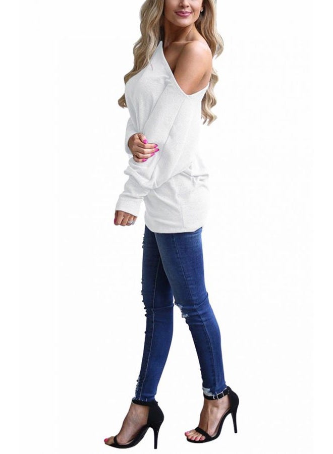 Lacozy Women's Off Shoulder Long Sleeve Oversized Pullover Sweater Knit Jumper Loose Tunic Tops, White, L - Image 2