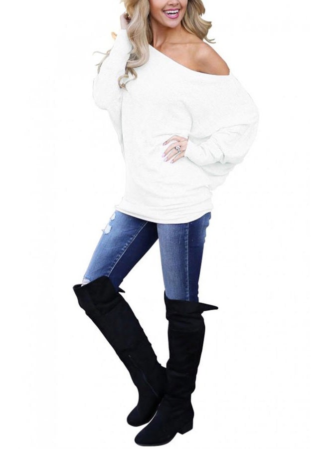 Lacozy Women's Off Shoulder Long Sleeve Oversized Pullover Sweater Knit Jumper Loose Tunic Tops, White, L - Image 3