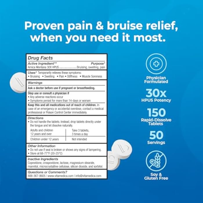 VitaMedica Arnica Montana 30X Homeopathic Tablets for Bruising Pain and Swelling | Plant Based Formula | Recommended by Plastic Surgeons | Natural Recovery Surgery Or Injury | 3 Pack | 150 Servings - Image 4