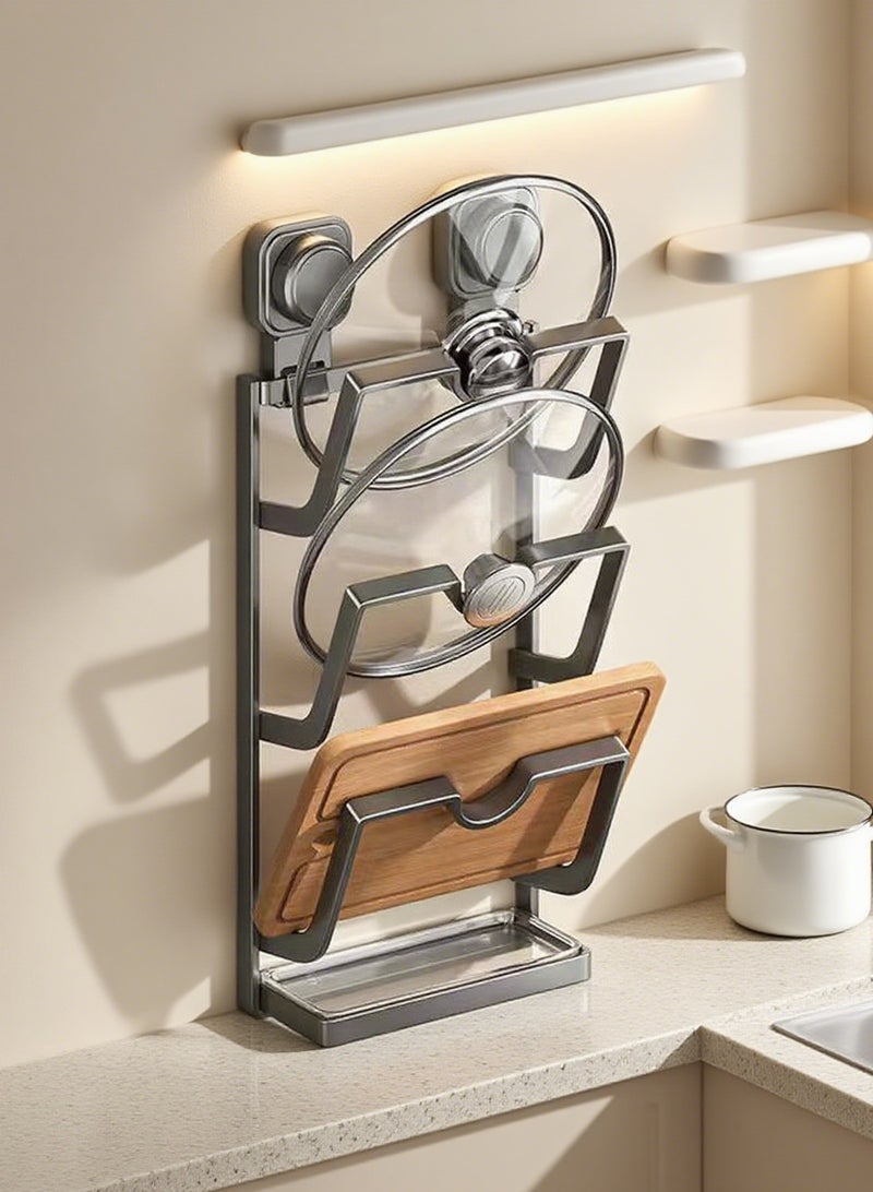 BLOOMING TIME Suction-Type Wall-Mounted Pot Lid Storage Rack, Equipped with Drip Tray (Prevents Water Splatter and Clutter), Multi-Layer Storage (For Smooth Surfaces Only) - Image 1