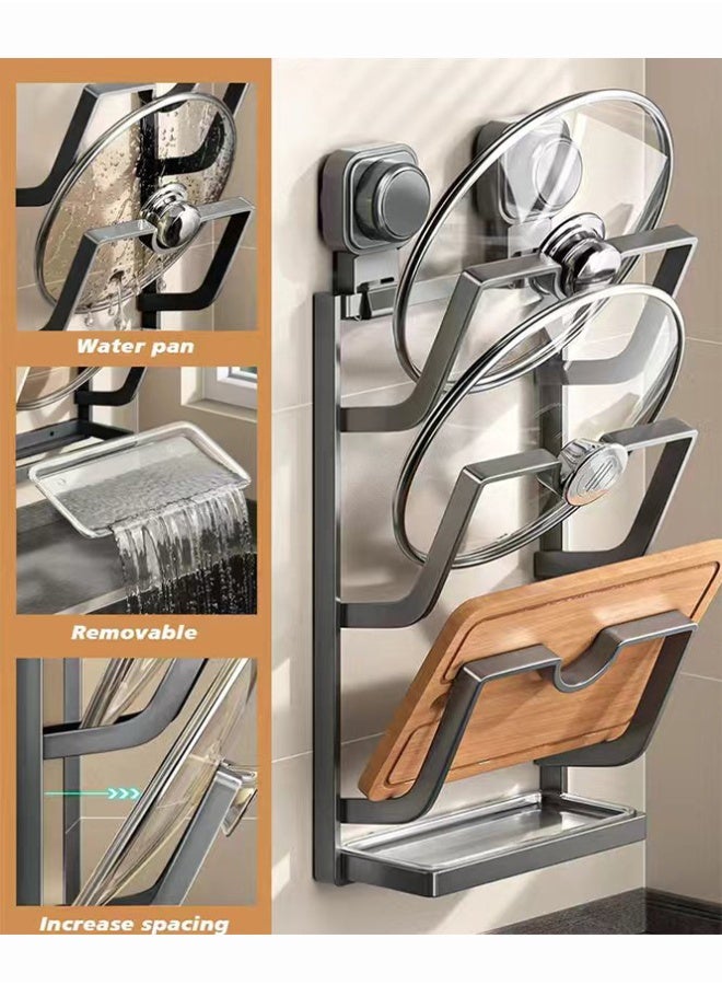 BLOOMING TIME Suction-Type Wall-Mounted Pot Lid Storage Rack, Equipped with Drip Tray (Prevents Water Splatter and Clutter), Multi-Layer Storage (For Smooth Surfaces Only) - Image 2