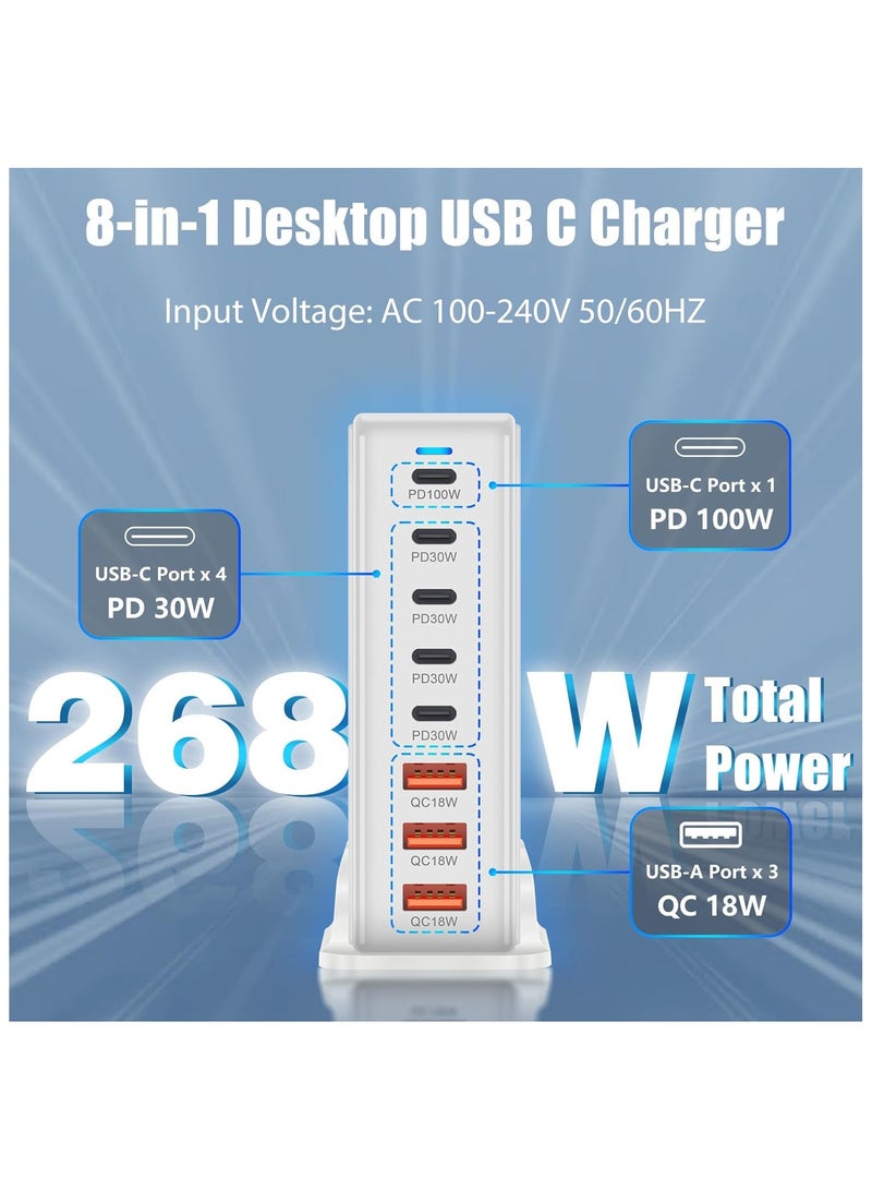 TecV 268W USB C Charger, GaN III 8 Port Fast Charging Station Type C Hub, PD 100W Laptop Charger Adapter for MacBook Air, Sumsung S24 S23 S22 Ultra, iPhone 16 15 14 13, and iPad Pro - Image 2