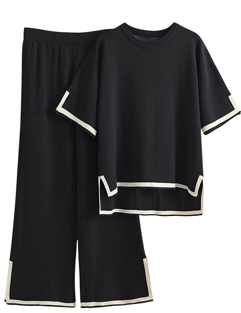 Tanming Sweater Sets Women 2 Piece Lounge Sets Short Sleeve Knit Pullover Tops Wide Leg Pants (Black-M) - Image 1
