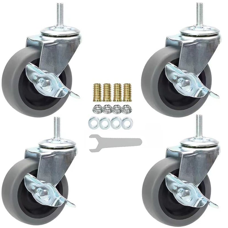 OTURGC 3 Inch Swivel Stem Caster Wheels with Brake Set of 4, M8-1.25 Threaded Stem Industrial Rubber Casters, Replacement for Furniture and Workbench…… - Image 5