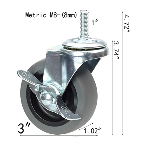 OTURGC 3 Inch Swivel Stem Caster Wheels with Brake Set of 4, M8-1.25 Threaded Stem Industrial Rubber Casters, Replacement for Furniture and Workbench…… - Image 3