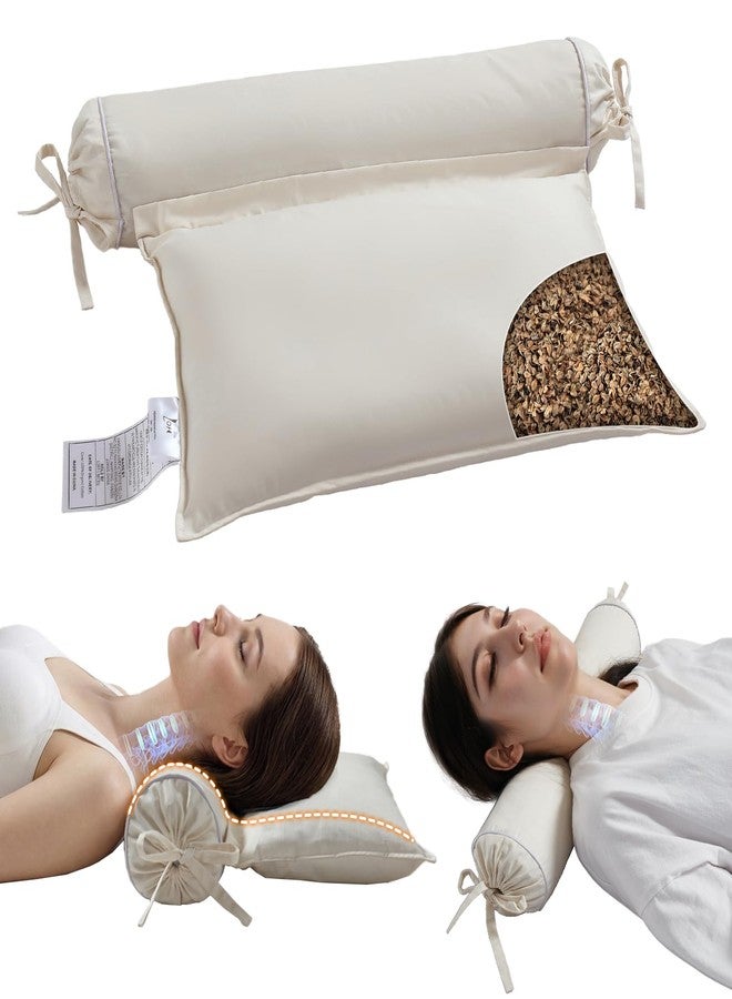 LOFE Buckwheat Pillow - 3 Point Support Buckwheat Hull Pillow for Less Pain, 2IN1 Tartary Buckwheat Neck Roll Pillow for Best Support, Adjustable Cervical Neck Pillow with Organic Cotton Pillowcase - Image 1
