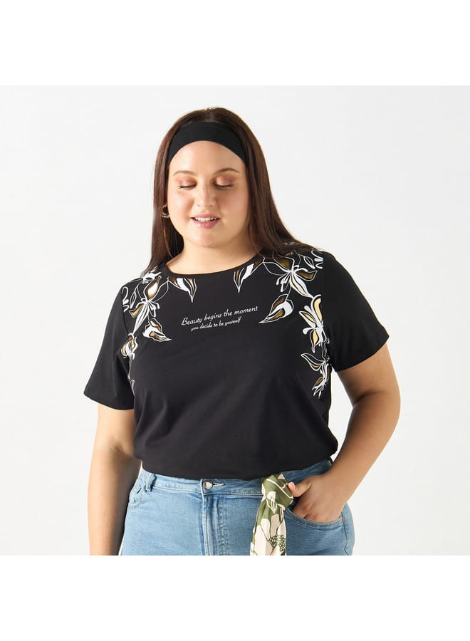 Ulla Popken Plus Size Ulla Popken Slogan Print T-shirt with Short Sleeves and Crew Neck  - Image 1