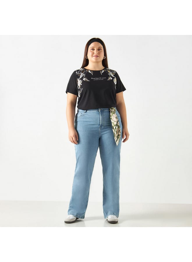 Ulla Popken Plus Size Ulla Popken Slogan Print T-shirt with Short Sleeves and Crew Neck  - Image 2