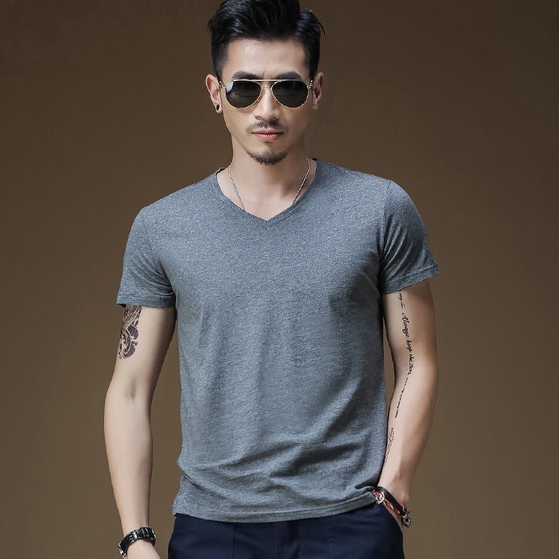 Summer Short-Sleeved T-Shirt Men'S V-Neck Slim-Fit Solid Color Base Shirt Black Half-Sleeved Solid Color Cotton Fashionable Tight T-Shirt For Men - Image 1