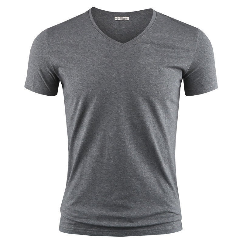 Summer Short-Sleeved T-Shirt Men'S V-Neck Slim-Fit Solid Color Base Shirt Black Half-Sleeved Solid Color Cotton Fashionable Tight T-Shirt For Men - Image 4