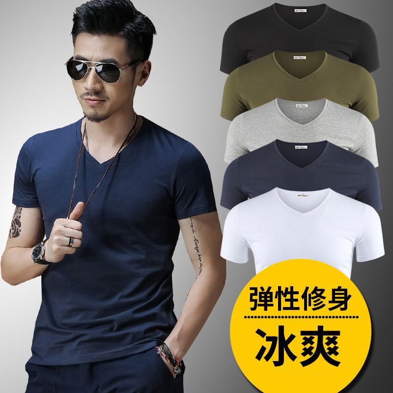 Summer Short-Sleeved T-Shirt Men'S V-Neck Slim-Fit Solid Color Base Shirt Black Half-Sleeved Solid Color Cotton Fashionable Tight T-Shirt For Men - Image 2