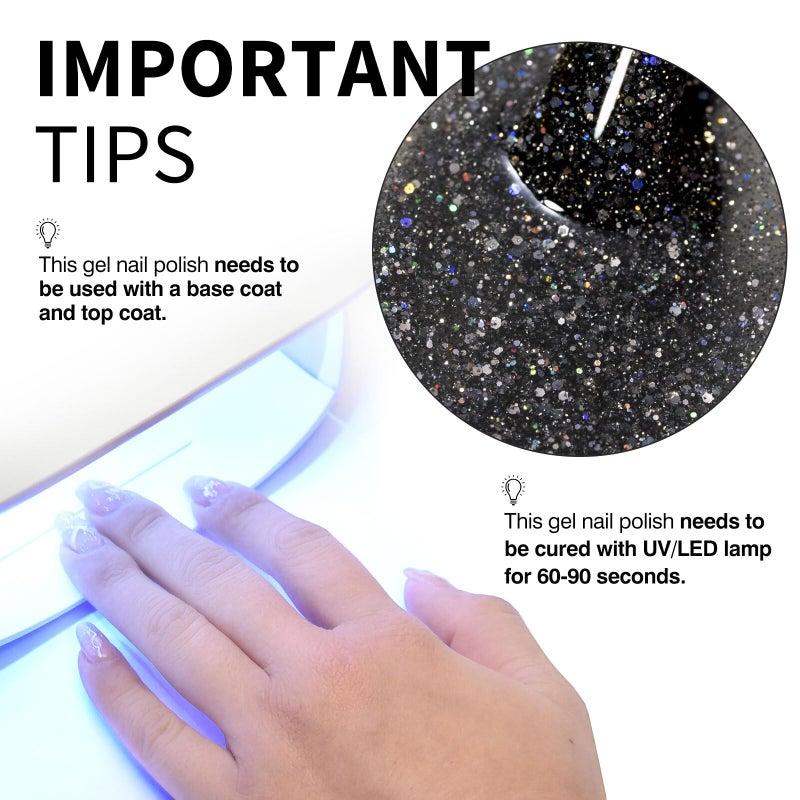 CANNI Glitter Gel Nail Polish â€“ 1pcs 9ml Black Color, Diamond Glitter Series, Soak Off UV LED Gel Nail Polish for DIY Nail Art, Salon or Home Manicure - Image 3