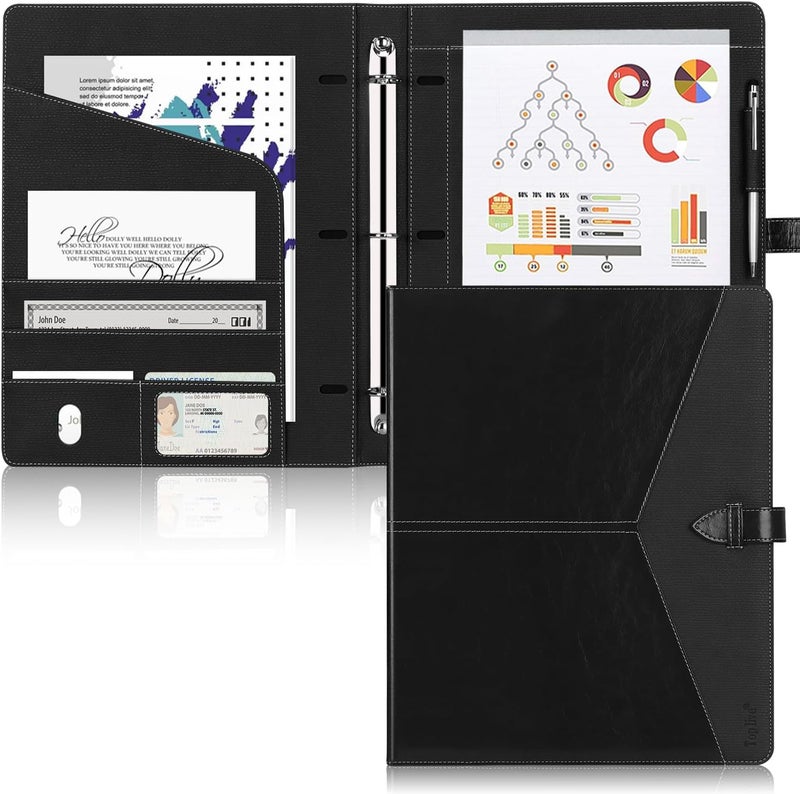Toplive Padfolio 3 Ring Binder Organizer Business Portfolio Folder for Women, A4/ Letter Size PU Leather Professional Portfolio Padfolio for Interview Conference Presentation, Black - Image 1