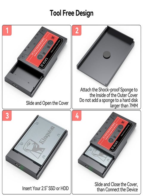 علبة محرك أقراص صلبة SSD مقاس 2.5 بوصة، محول SATA إلى USB3.0، علبة محرك أقراص صلبة خارجية تدعم محرك أقراص صلبة SSD مقاس 7 مم و9.5 مم مع UASP بحد أقصى 6 تيرابايت متوافق مع الكمبيوتر المحمول WD Seagate
