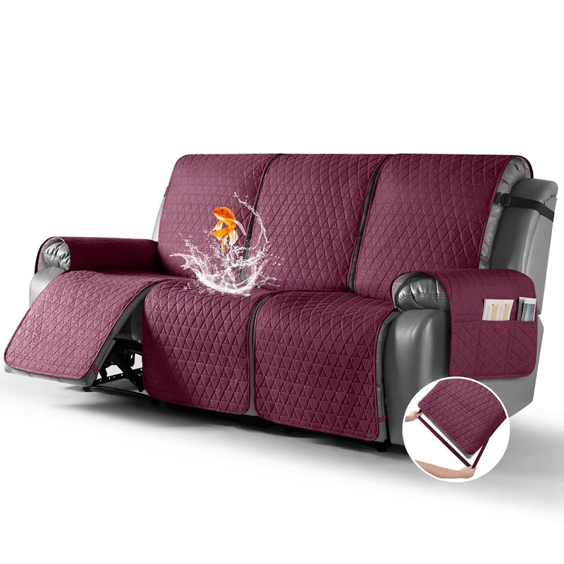 TAOCOCO 100 Waterproof Recliner Sofa Cover NonSlip Split Covers for Reclining Couches With Elastic Straps 3 Cushion Couch Pet Friendly Wine 3 Seater
