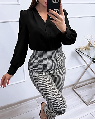 Flowyair Women's Business Casual Tops Summer Long Sleeve Button Down Shirts V Neck Chiffon Blouses A-Black - Image 3