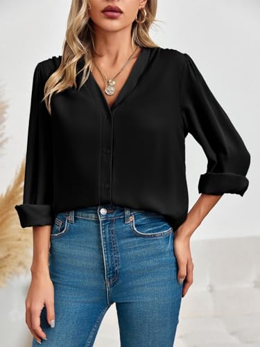 Flowyair Women's Business Casual Tops Summer Long Sleeve Button Down Shirts V Neck Chiffon Blouses A-Black - Image 4
