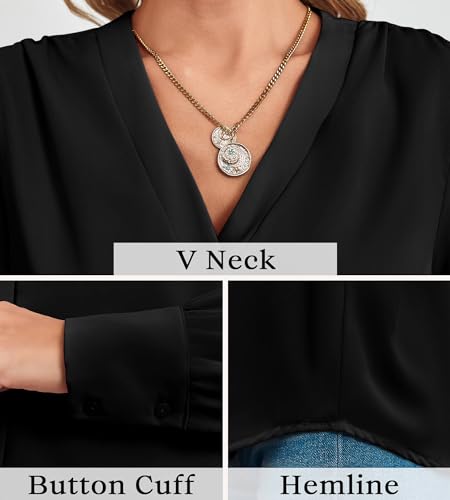 Flowyair Women's Business Casual Tops Summer Long Sleeve Button Down Shirts V Neck Chiffon Blouses A-Black - Image 5