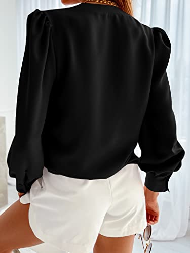 Flowyair Women's Business Casual Tops Summer Long Sleeve Button Down Shirts V Neck Chiffon Blouses A-Black - Image 2