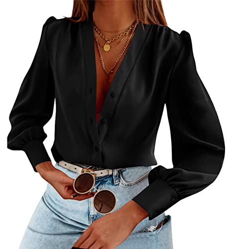 Flowyair Women's Business Casual Tops Summer Long Sleeve Button Down Shirts V Neck Chiffon Blouses A-Black - Image 1