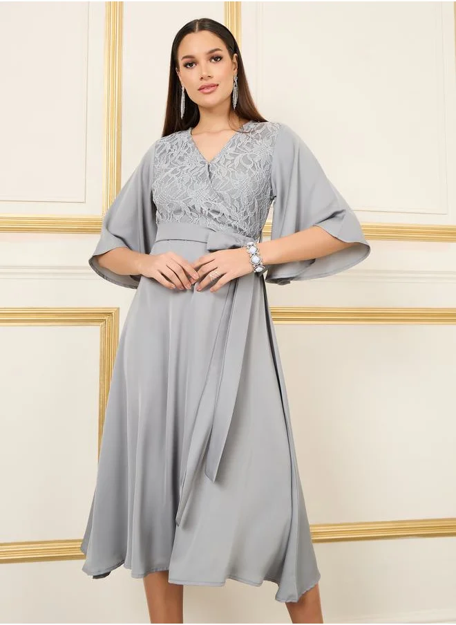 ستايلي Lace Detail Flared Sleeves Wrap Midi Dress