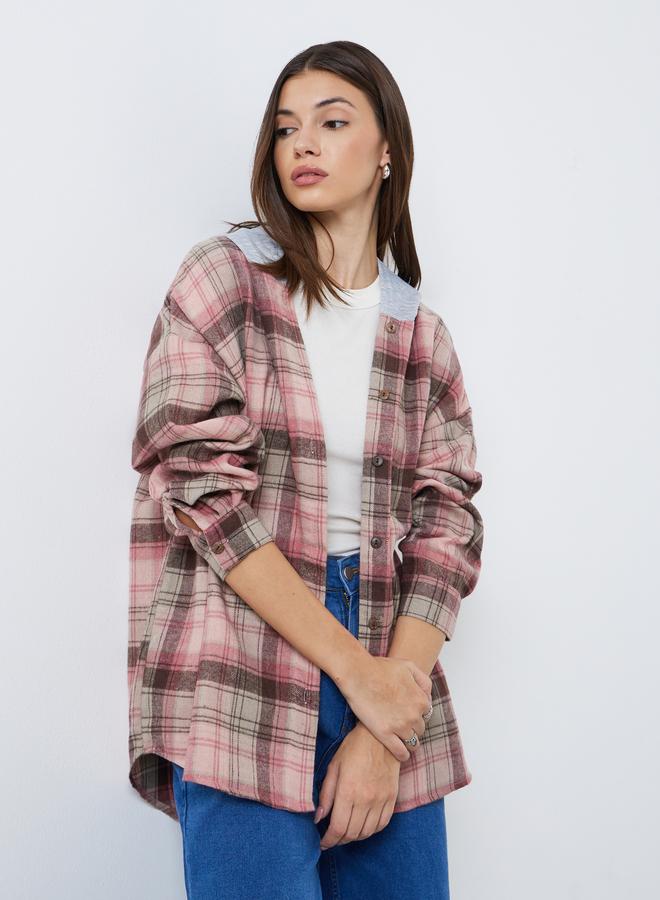 Styli Pink Plaid Flannel Oversized Shacket with Hood - Image 1