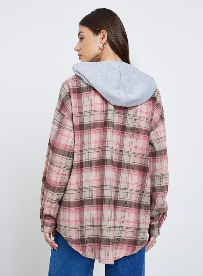 Styli Pink Plaid Flannel Oversized Shacket with Hood - Image 5