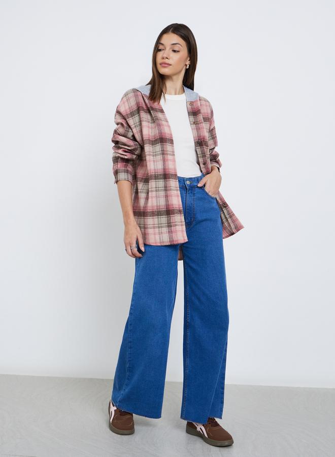 Styli Pink Plaid Flannel Oversized Shacket with Hood - Image 2