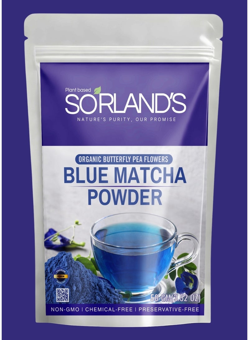 Sorland's Organic Blue Matcha Powder – Butterfly Pea Flower Powder (50g) | Caffeine-Free Herbal Tea | Natural Food Colouring | Non-GMO, Vegan Superfood | Rich in Antioxidants for Hair, Skin & Wellness - Image 1
