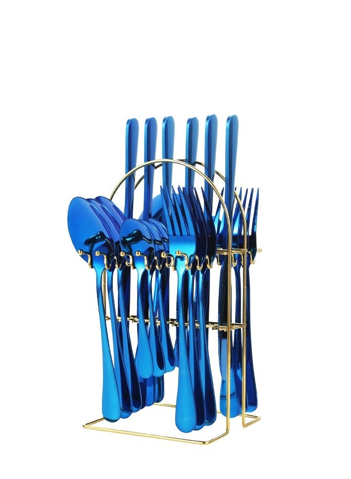 الأزرق جي دبليو 24 قطعة الفولاذ المقاوم للصدأ أدوات المائدة مجموعة سكين وشوكة ملعقة مجموعة مع حامل هدية عيد ميلاد - Image 1
