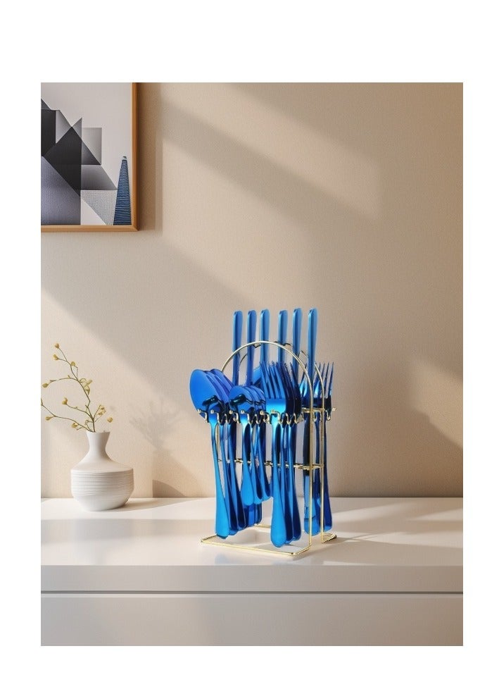 الأزرق جي دبليو 24 قطعة الفولاذ المقاوم للصدأ أدوات المائدة مجموعة سكين وشوكة ملعقة مجموعة مع حامل هدية عيد ميلاد - Image 2