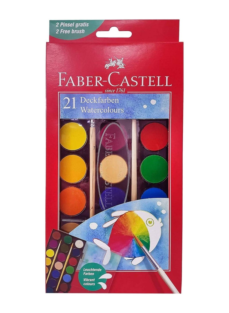 FABER-CASTELL 21-Piece Watercolour Cake With Two Paint Brushes For Watercolour Paintings - Image 1