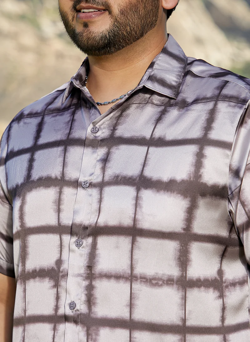 Instafab Plus Instafab Plus Men's Charcoal Grey Dye-Graph Satin Shirt For Casual Wear | Spread Collar | Short Regular Sleeves | Button Closure | Plus Size Shirt Crafted With Comfort Fit For Everyday Wear