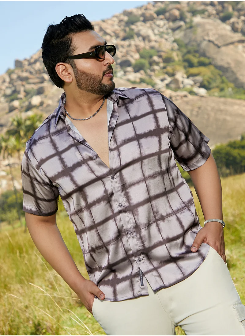 انستافاب بلس Instafab Plus Men's Charcoal Grey Dye-Graph Satin Shirt For Casual Wear | Spread Collar | Short Regular Sleeves | Button Closure | Plus Size Shirt Crafted With Comfort Fit For Everyday Wear